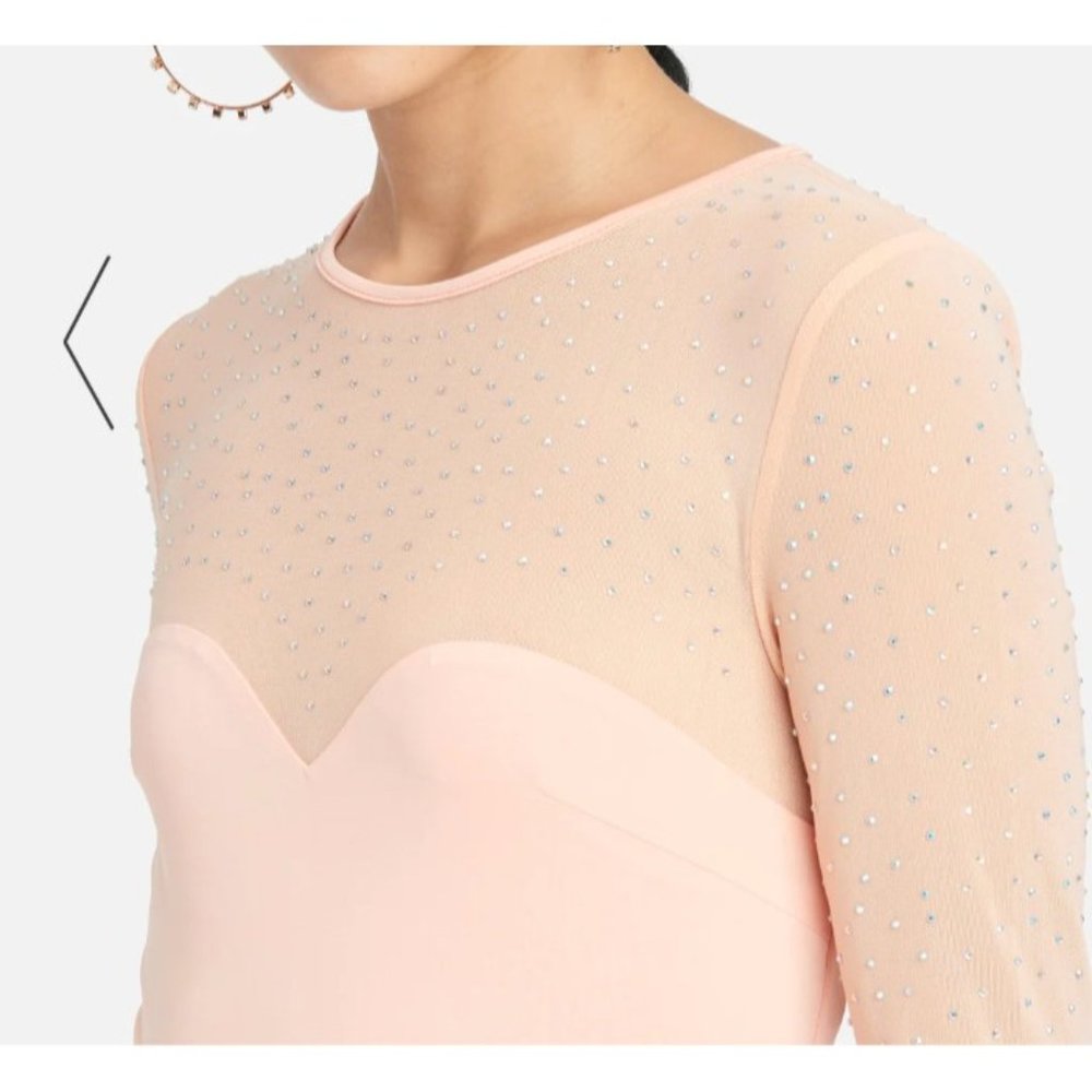 BEBE Jumpsuit L Peach Parfait Embellished Illusion Wide Leg Cocktail Stretch - Picture 4 of 12